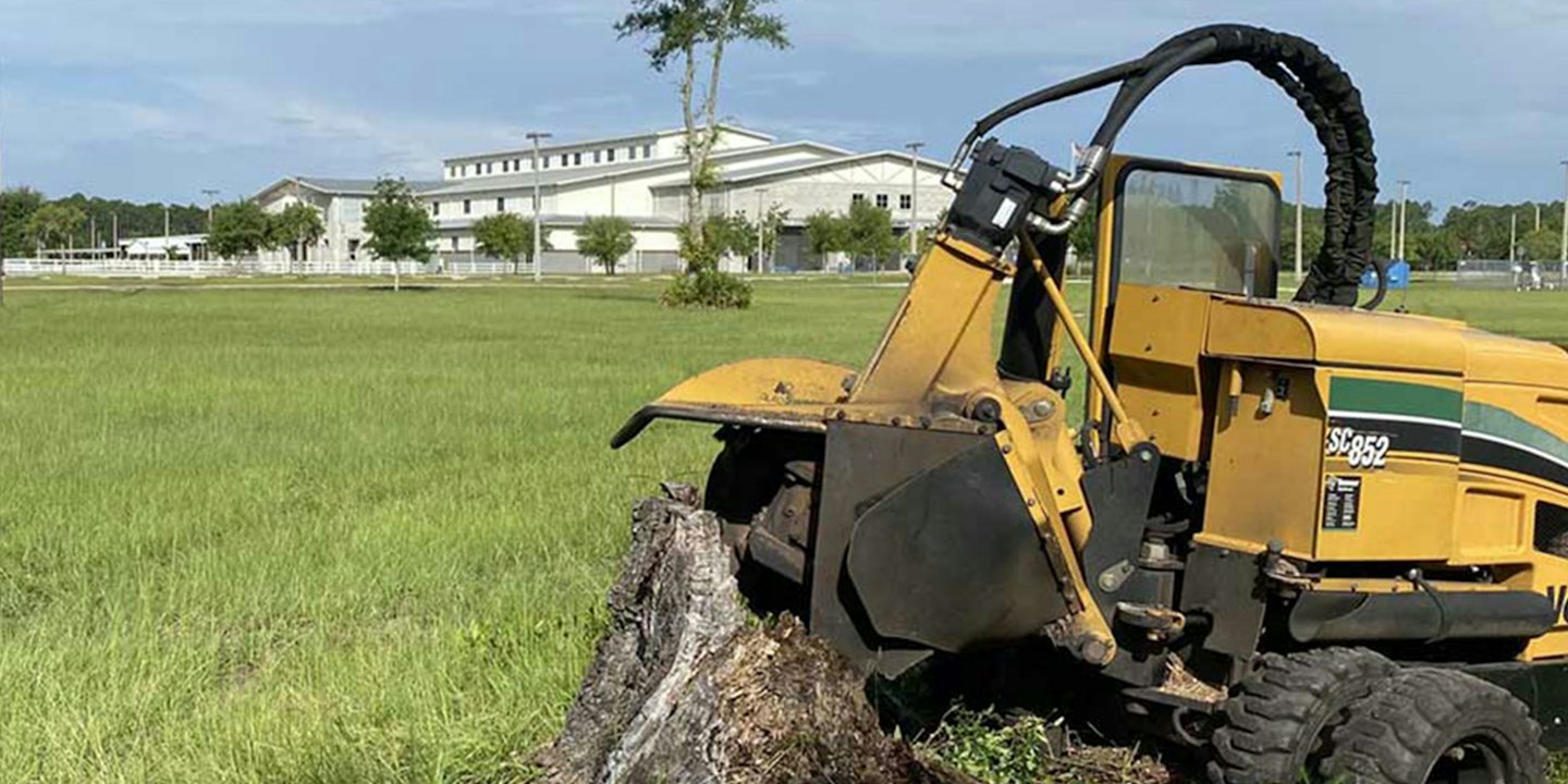 Yellow stump grinder chewing through large tree stump outdoors.